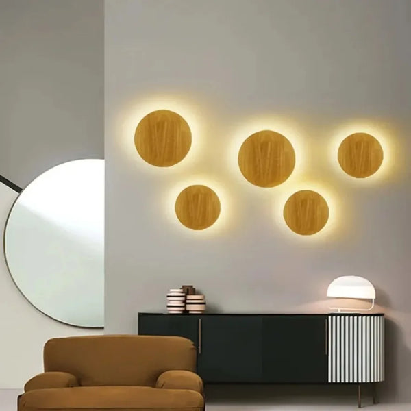 Applique murale LED bois circulaire gravée style minimaliste